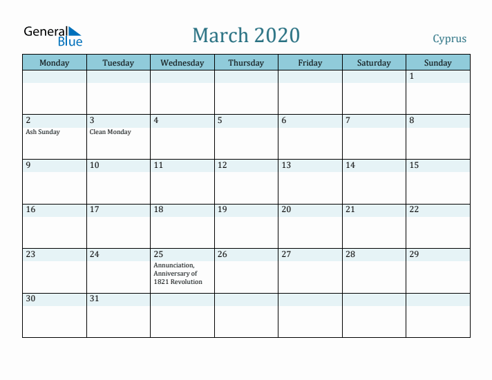 March 2020 Calendar with Holidays