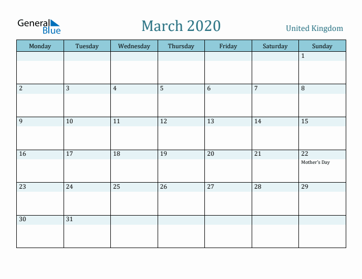 March 2020 Calendar with Holidays