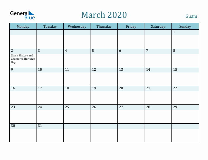 March 2020 Calendar with Holidays