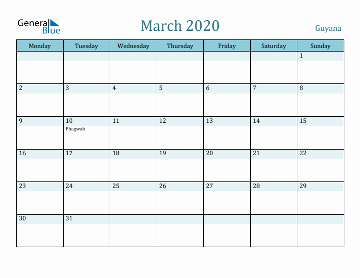 March 2020 Calendar with Holidays