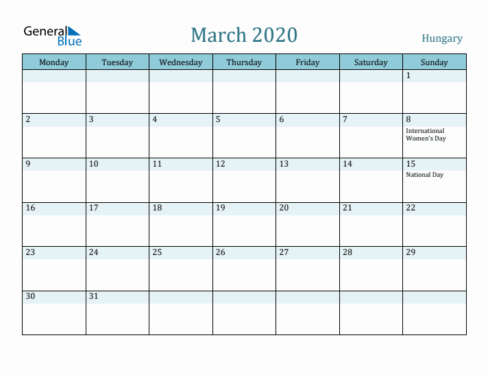 March 2020 Calendar with Holidays