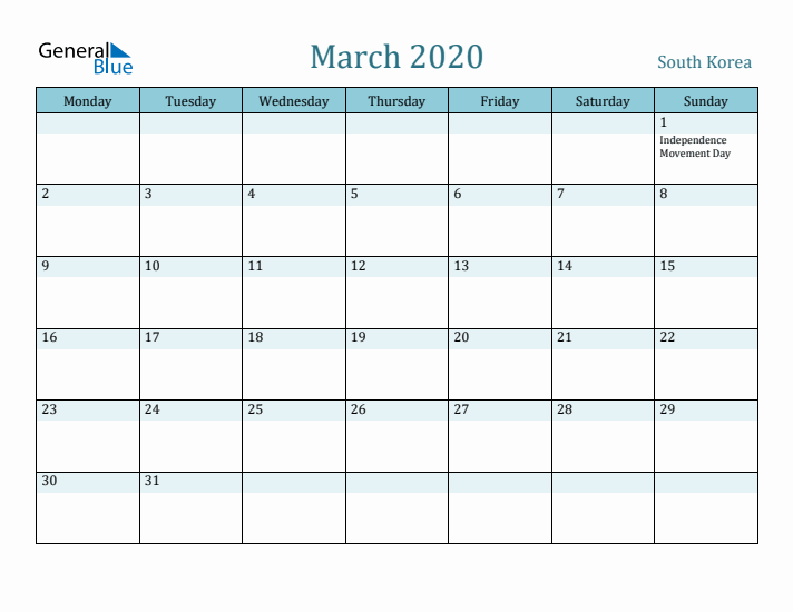 March 2020 Calendar with Holidays