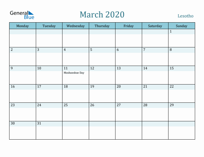 March 2020 Calendar with Holidays