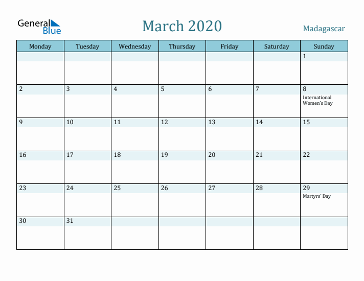 March 2020 Calendar with Holidays