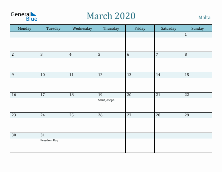 March 2020 Calendar with Holidays