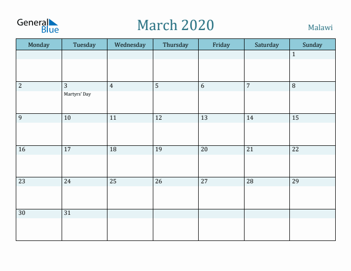 March 2020 Calendar with Holidays