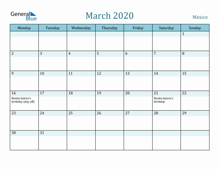 March 2020 Calendar with Holidays