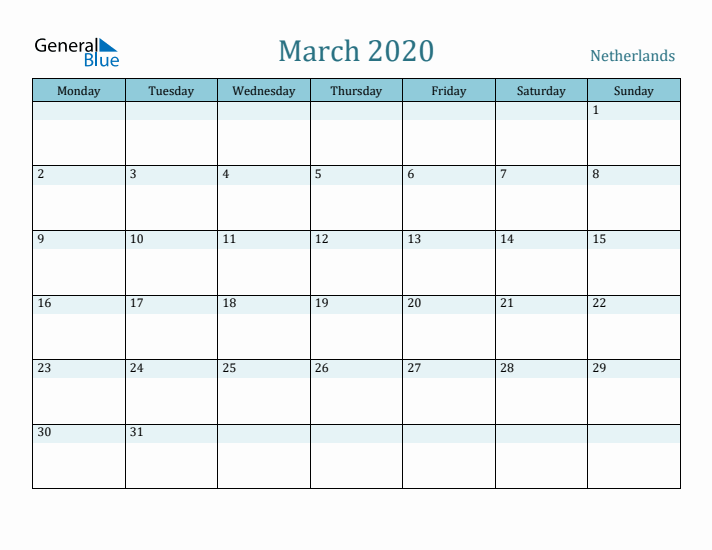 March 2020 Calendar with Holidays