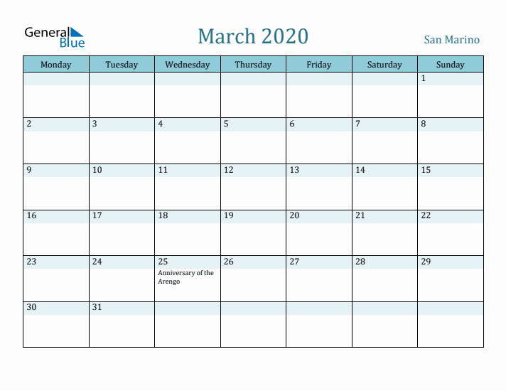 March 2020 Calendar with Holidays