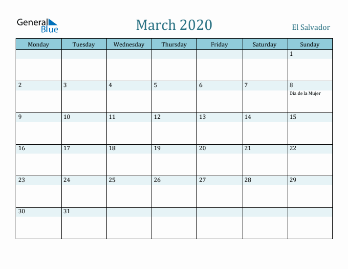 March 2020 Calendar with Holidays