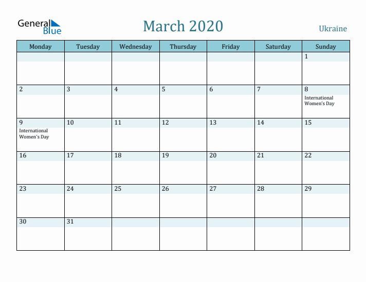 March 2020 Calendar with Holidays