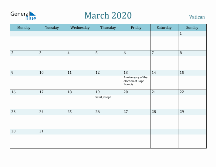 March 2020 Calendar with Holidays