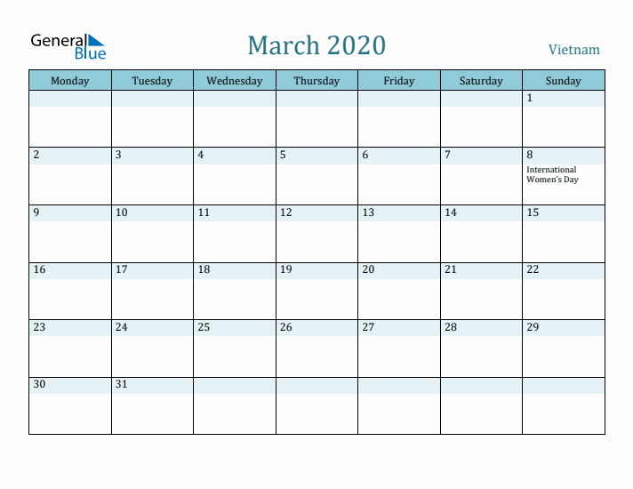 March 2020 Calendar with Holidays