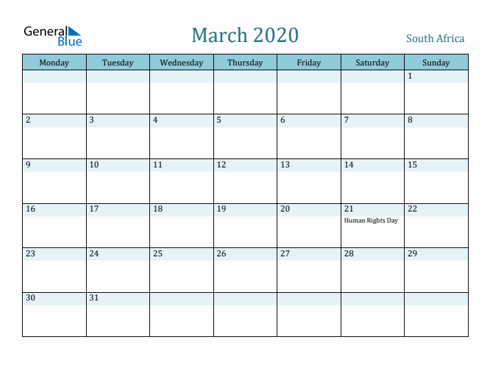 March 2020 Calendar with Holidays