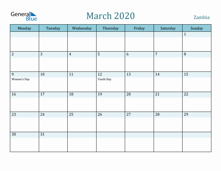 March 2020 Calendar with Holidays