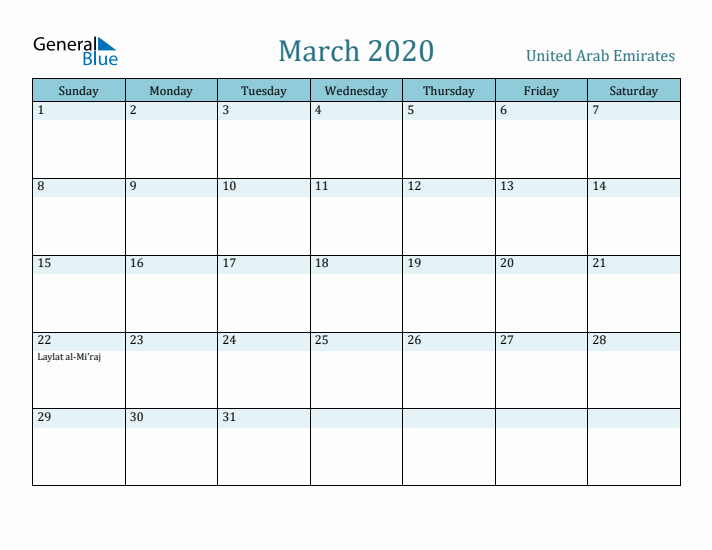 March 2020 Calendar with Holidays