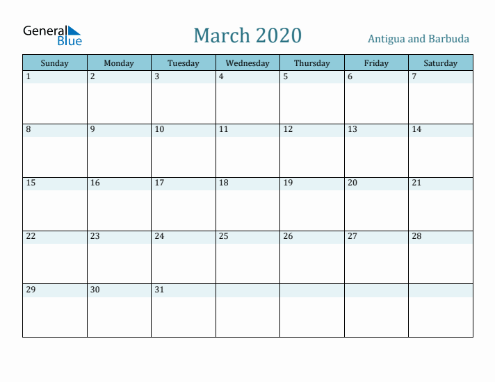 March 2020 Calendar with Holidays