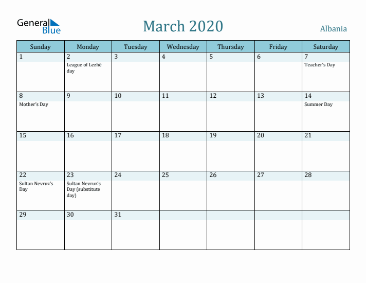 March 2020 Calendar with Holidays