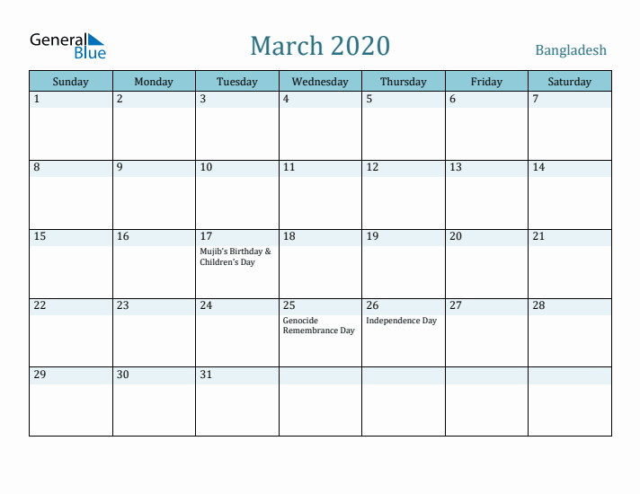 March 2020 Calendar with Holidays