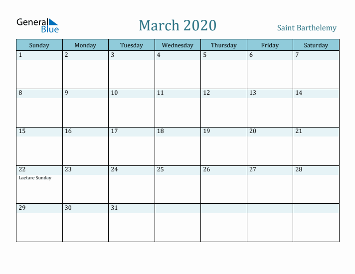 March 2020 Calendar with Holidays