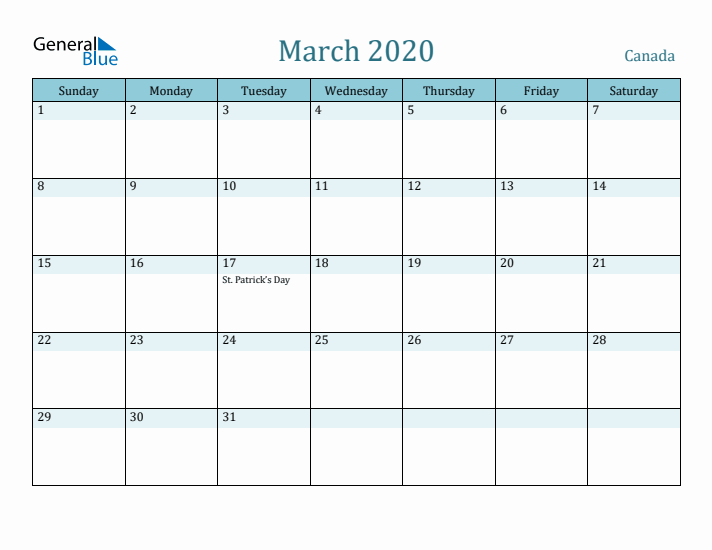 March 2020 Calendar with Holidays