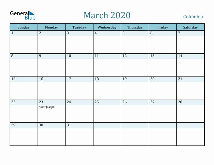 March 2020 Calendar with Holidays