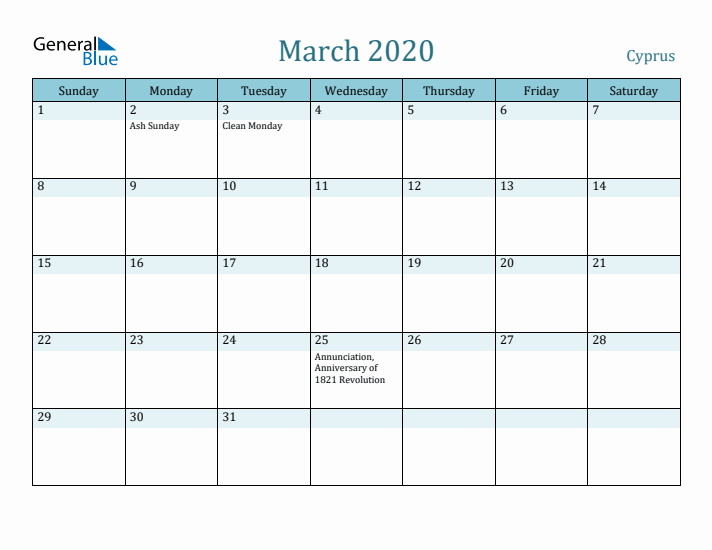 March 2020 Calendar with Holidays