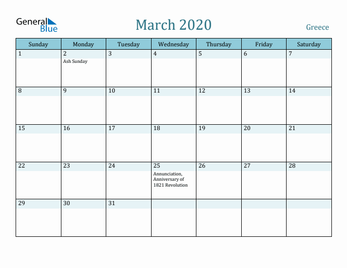 March 2020 Calendar with Holidays