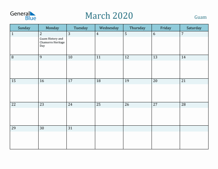 March 2020 Calendar with Holidays