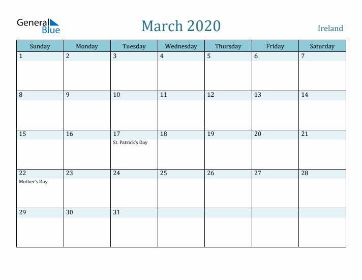 March 2020 Calendar with Holidays