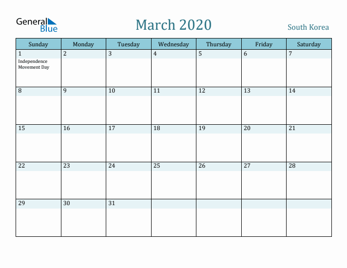 March 2020 Calendar with Holidays