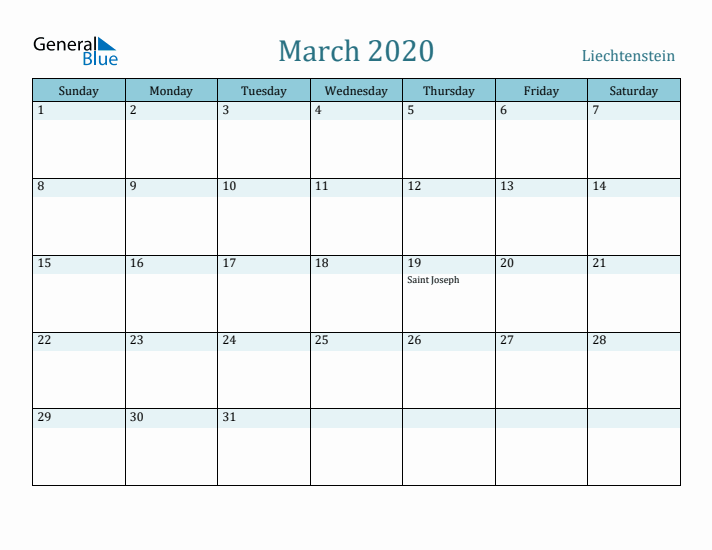 March 2020 Calendar with Holidays