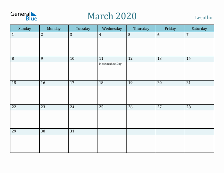 March 2020 Calendar with Holidays