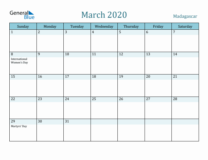 March 2020 Calendar with Holidays