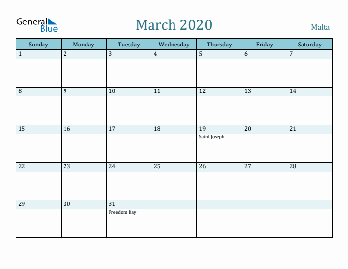 March 2020 Calendar with Holidays