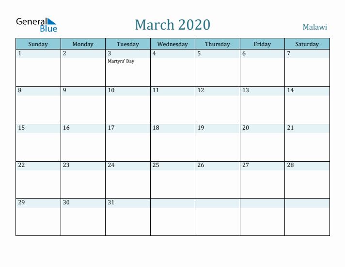 March 2020 Calendar with Holidays