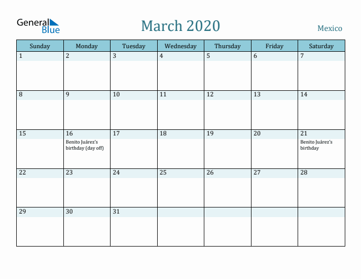 March 2020 Calendar with Holidays