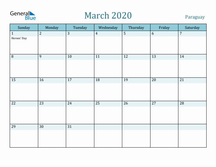 March 2020 Calendar with Holidays