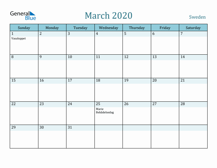 March 2020 Calendar with Holidays