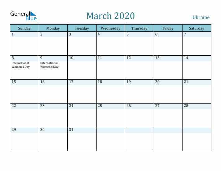 March 2020 Calendar with Holidays