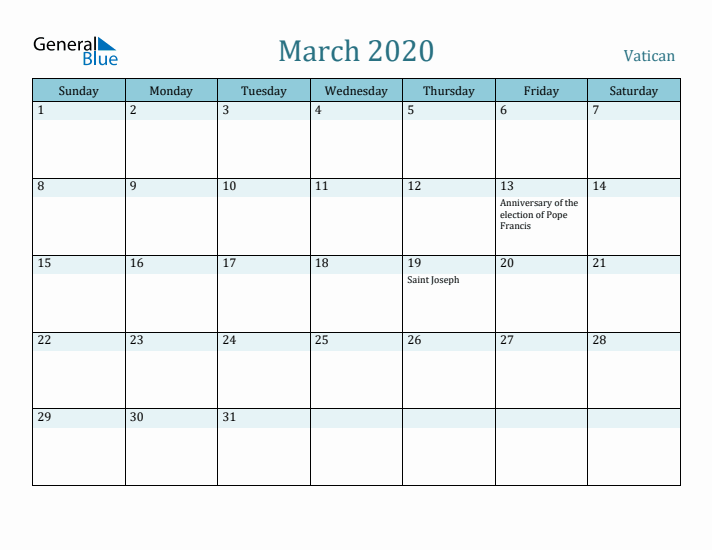 March 2020 Calendar with Holidays