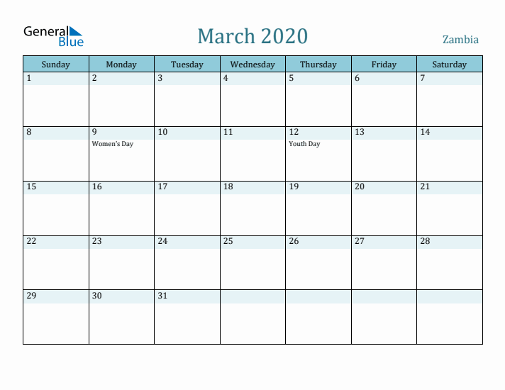 March 2020 Calendar with Holidays