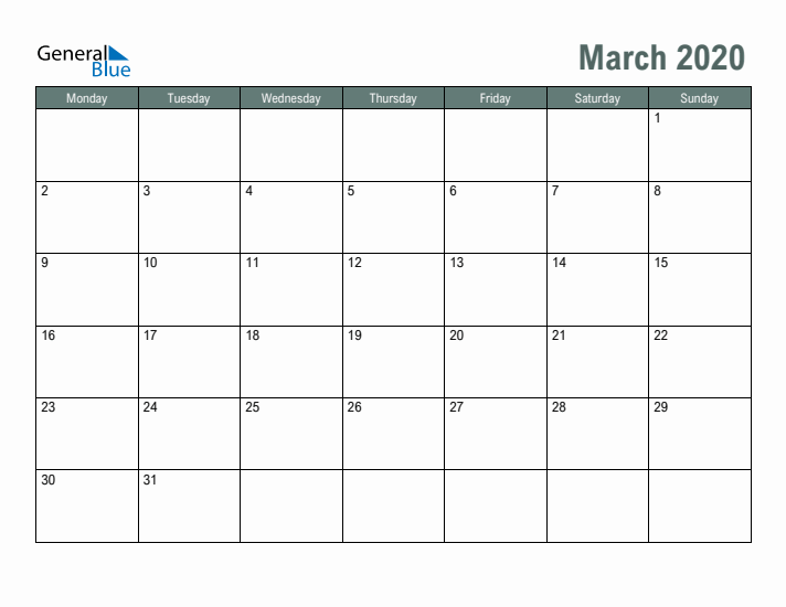 Free Printable March 2020 Calendar