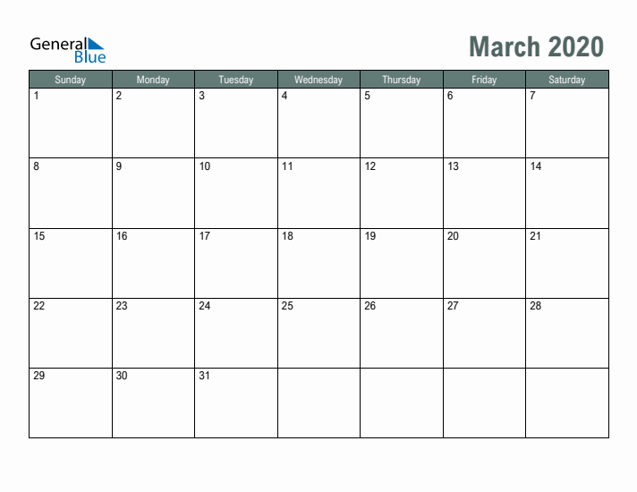 Free Printable March 2020 Calendar