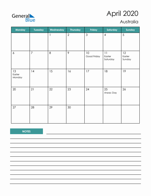 Calendar with Notes Printable - Monday Start