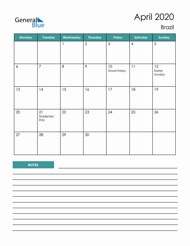 Calendar with Notes Printable - Monday Start