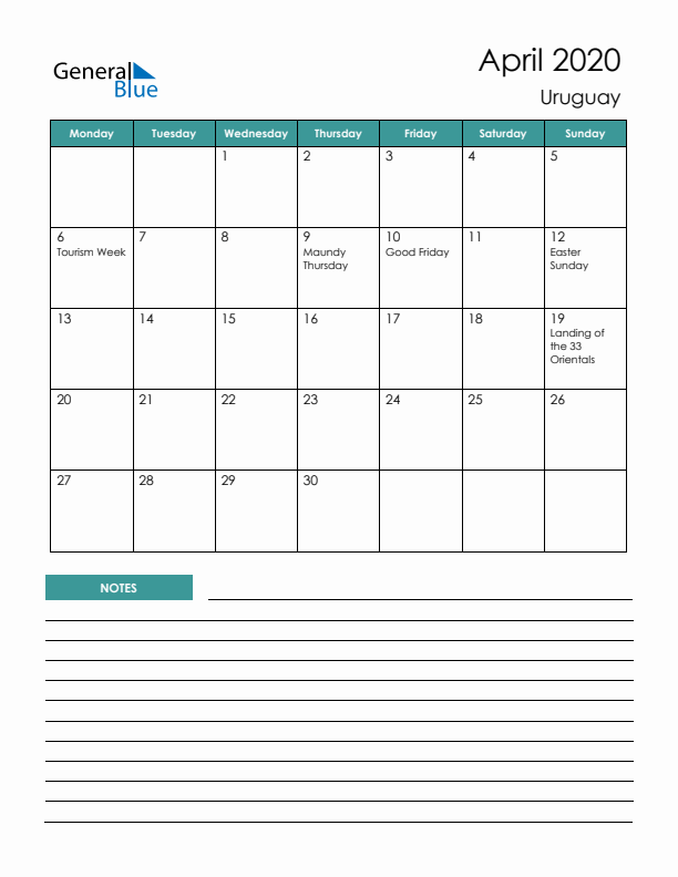 Calendar with Notes Printable - Monday Start