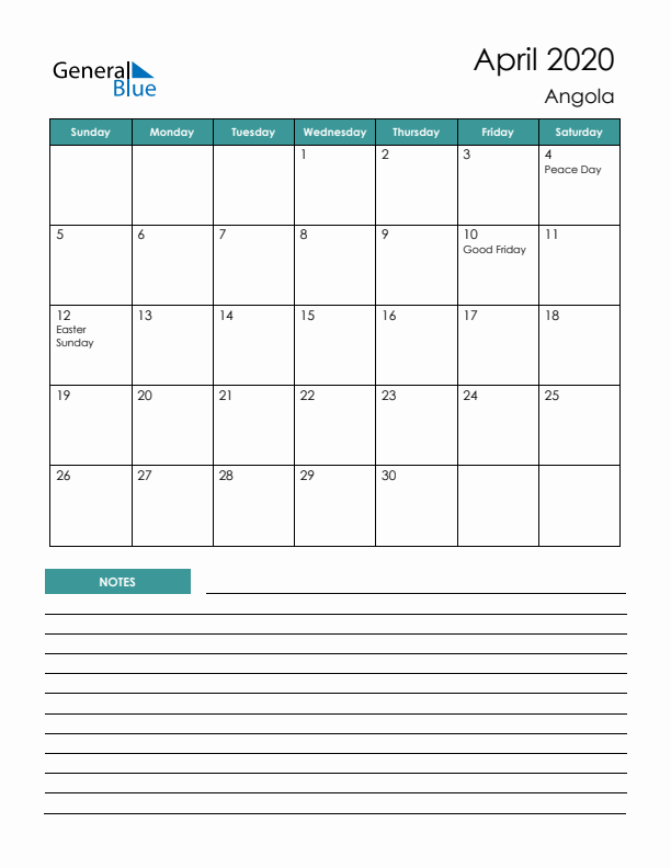 Calendar with Notes Printable - Sunday Start