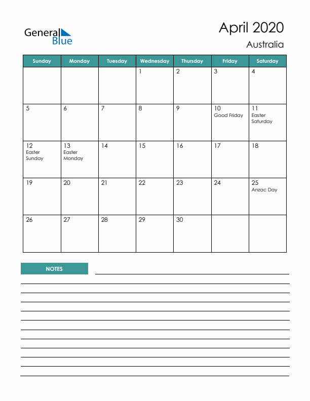 Calendar with Notes Printable - Sunday Start