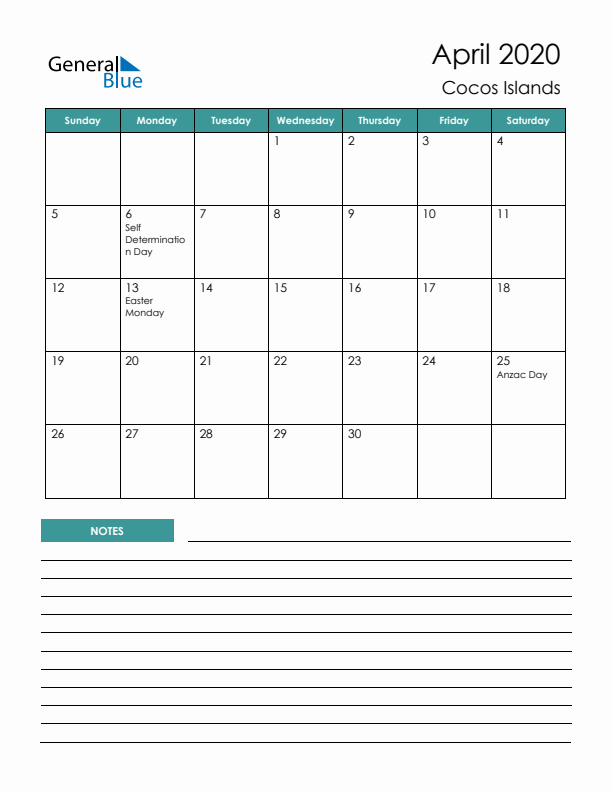 Calendar with Notes Printable - Sunday Start